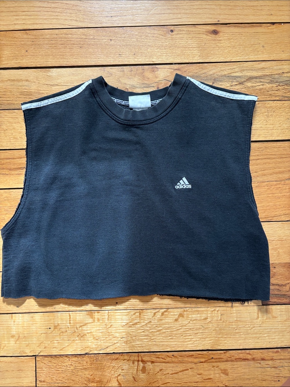 Vintage adidas Black Cropped Sleeveless Top with white Shoulder Stripes
